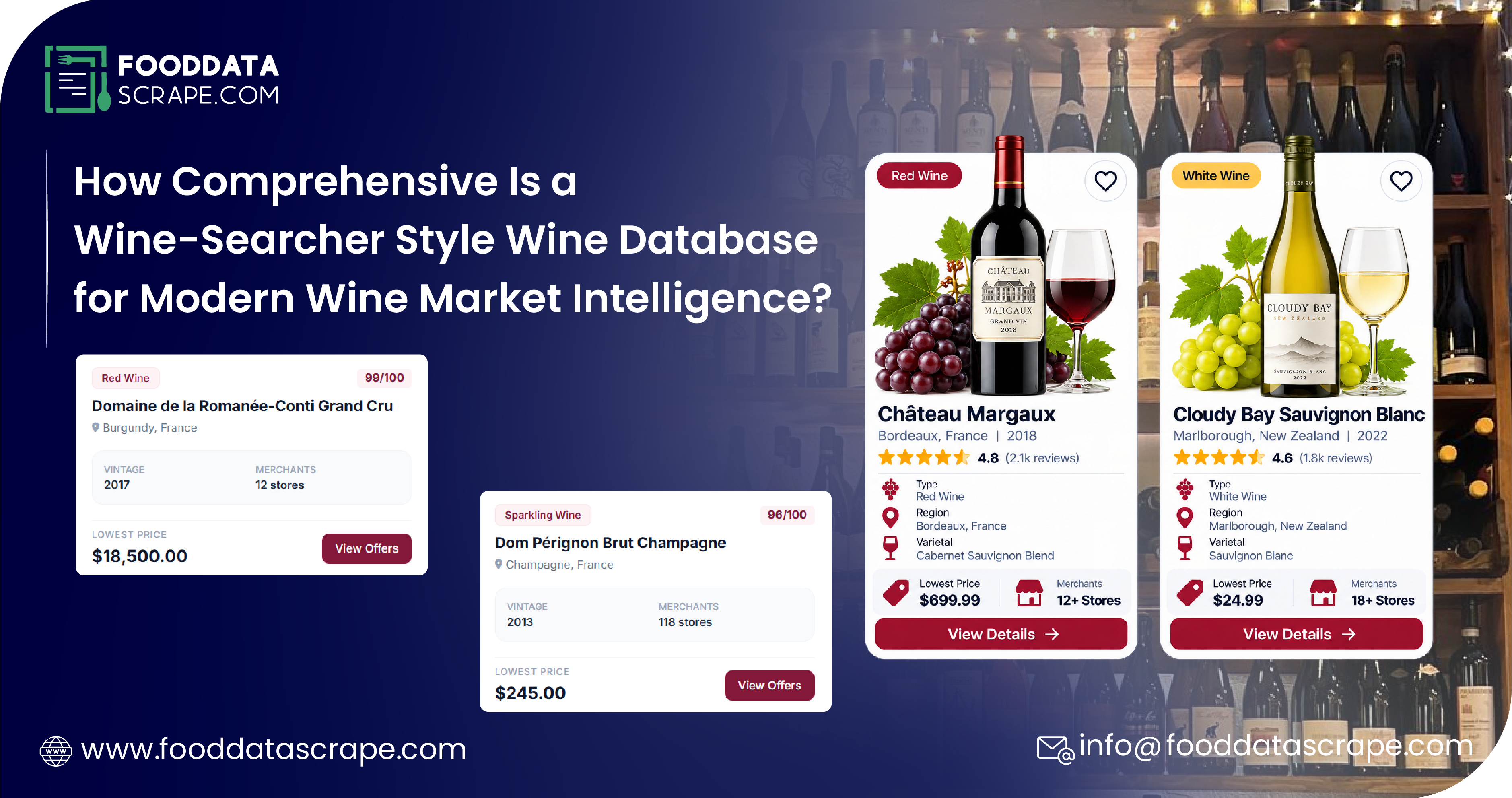Wine-Searcher Style Wine Database for Comprehensive Wine Product, Pricing, Availability, Merchant, and Market Intelligence Data.